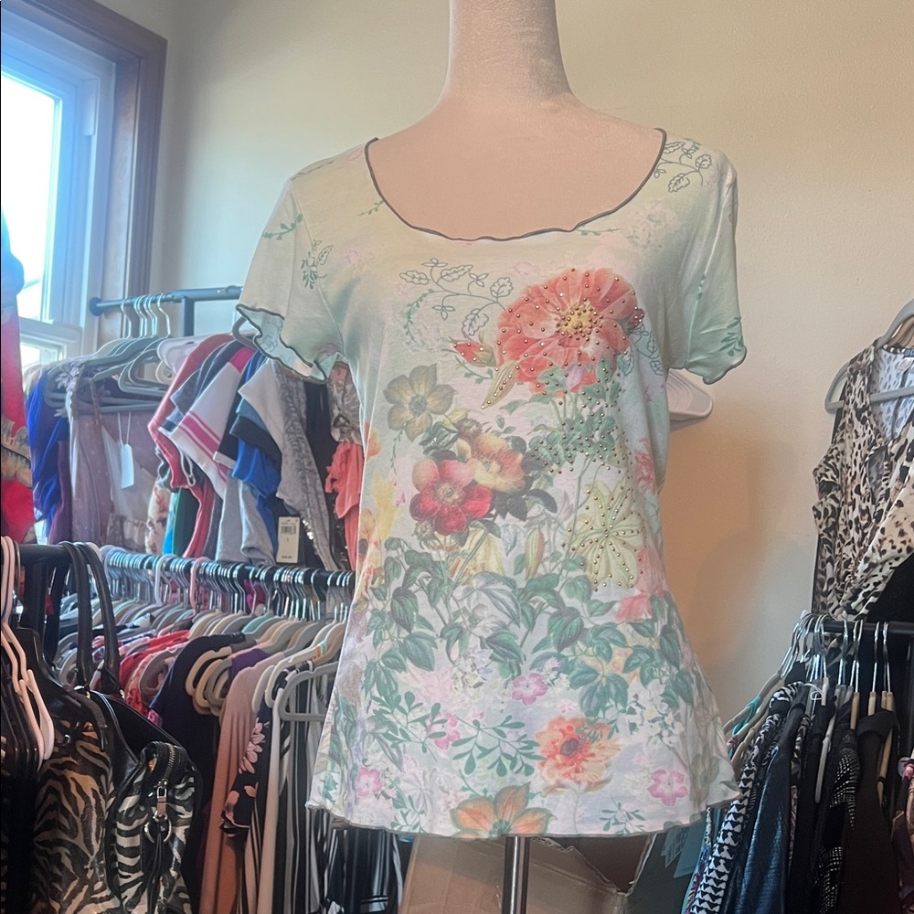 One world Light Mint Floral Top with White Base